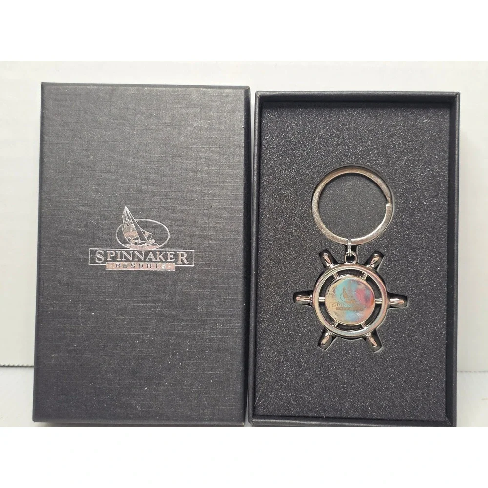 Spinnaker Resorts Ship Wheel Keychain Metal w Box Nautical Souvenir